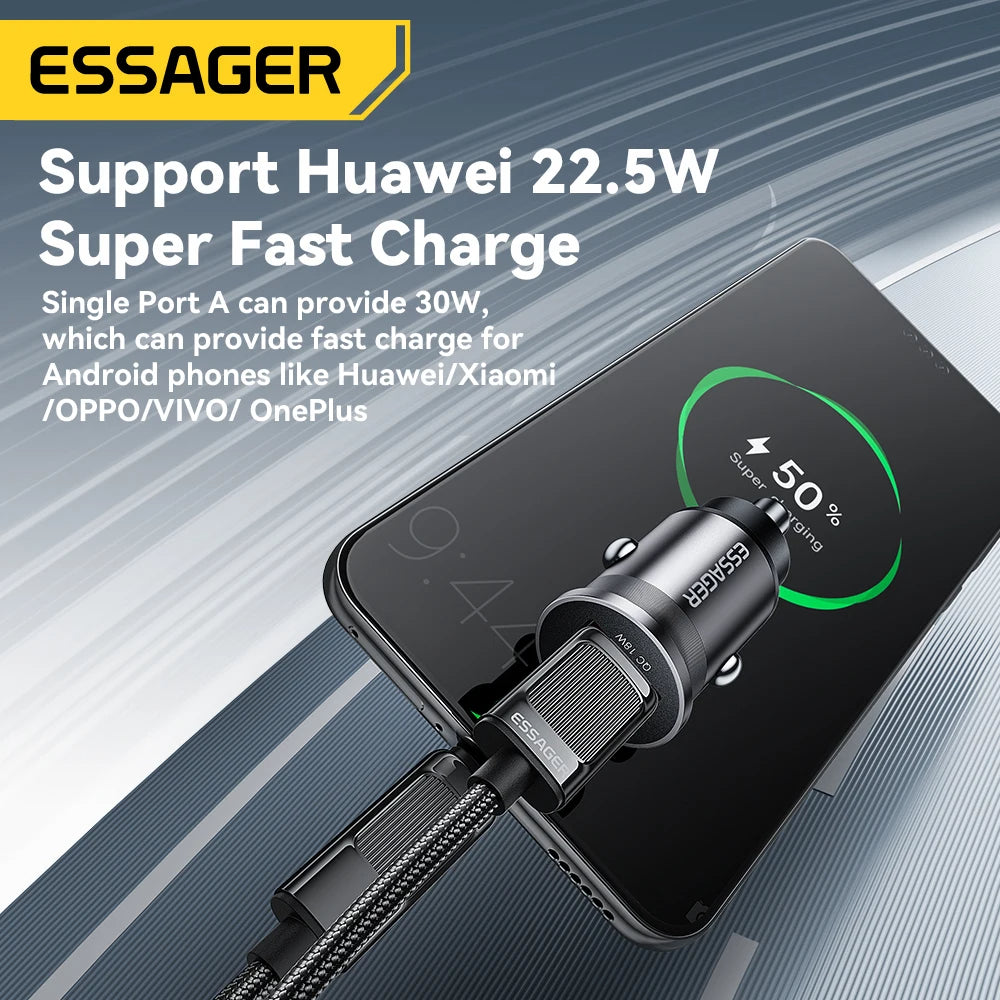Essager 45W Mini USB Car Charger QC 3.0 PD 3.0 SCP AFC USB Type C Car Mobile Phone Charger For iPhone Huawei Samsung Xiaomi iPad