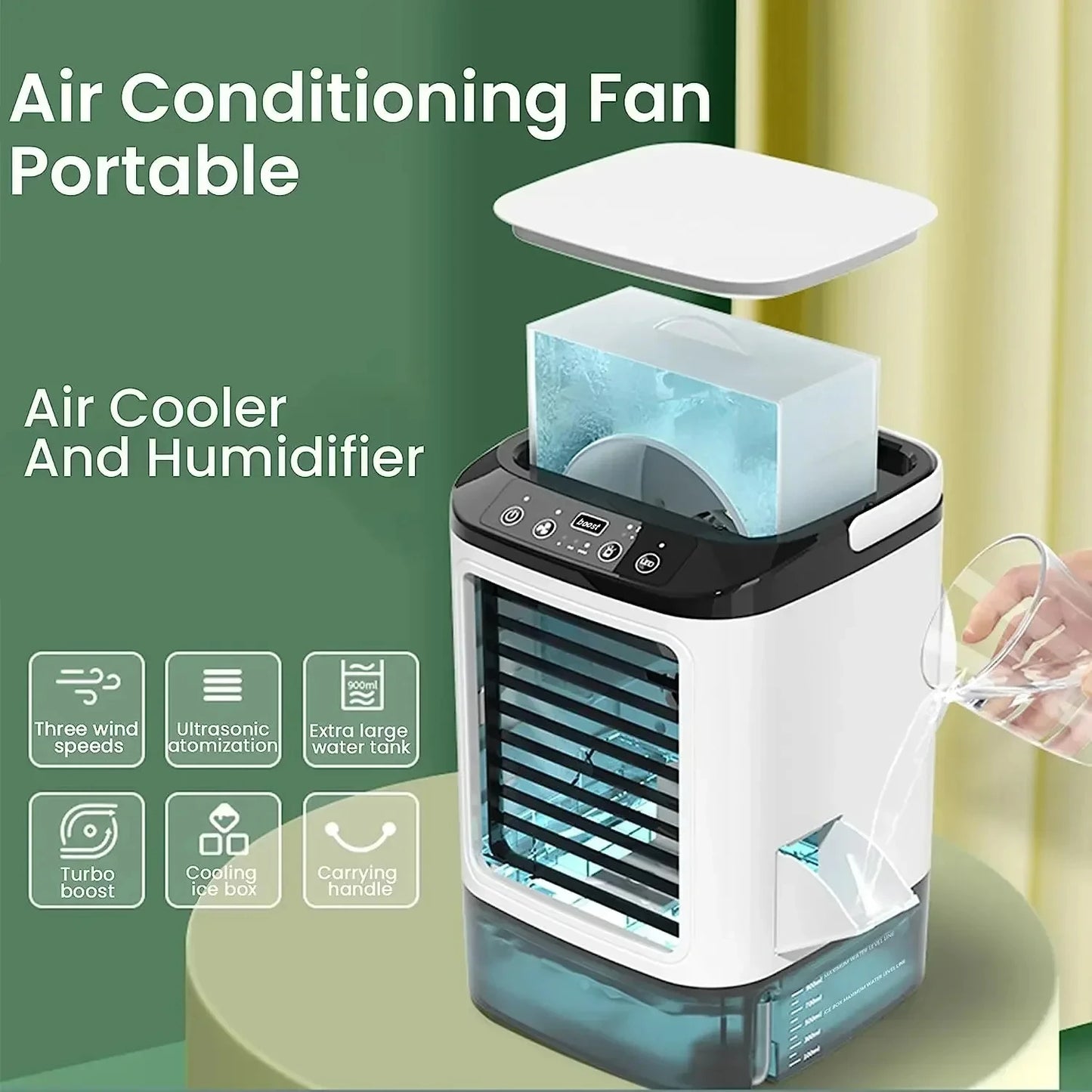Portable Air Conditioner 3-Speed Small AC Unit Mini Air Cooler 900ML Water Tank Electric Fan With Humidifier for Bedroom Offi