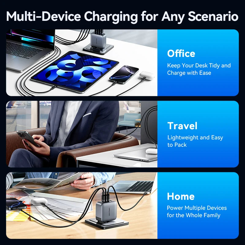 Vention 100W GaN Charger 4 Ports USB C Charger Quick Charge