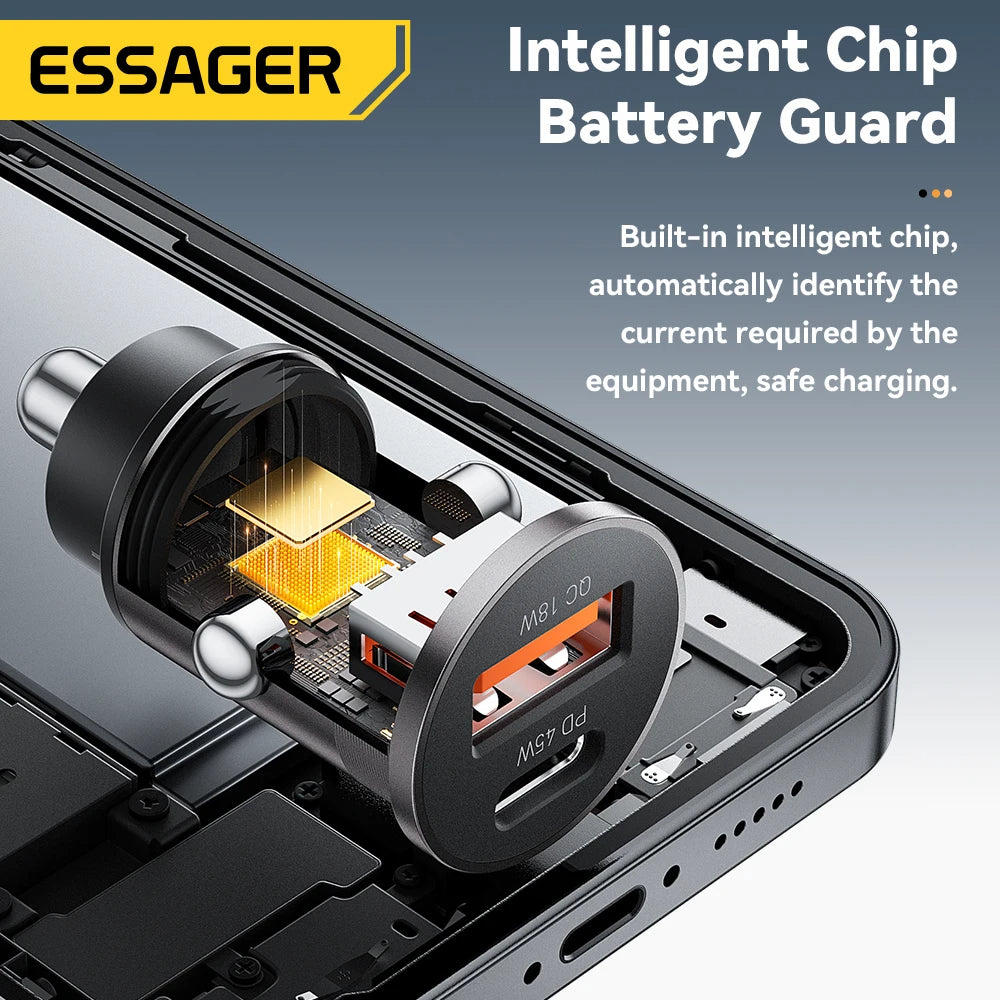 Essager 45W Mini USB Car Charger QC 3.0 PD 3.0 SCP AFC USB Type C Car Mobile Phone Charger For iPhone Huawei Samsung Xiaomi iPad